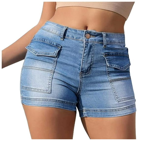 vigerkar Women's Casual Skinny Denim Shorts Stretchy Jeans Shorts High Waisted Bodycon Denim Shorts with Pockets Light Blue, L