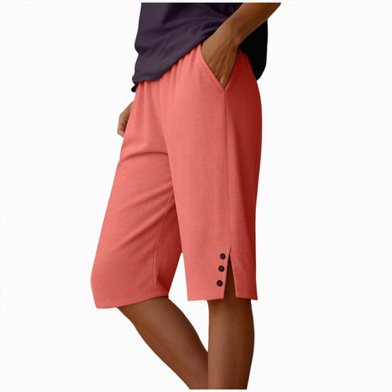 vigerkar Women's Casual Summer Bermuda Shorts Side Split Button Deco Knee Length Long Shorts with Pockets, Dressy High Waisted Work & Beach Outfits (Watermelon Red, 3XL)