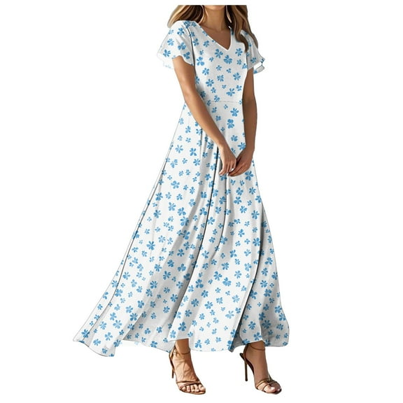 vigerkar Women's Casual V Neck Maxi Dress with Short Sleeve Sexy Elegant Floral Dress Light Blue, M
