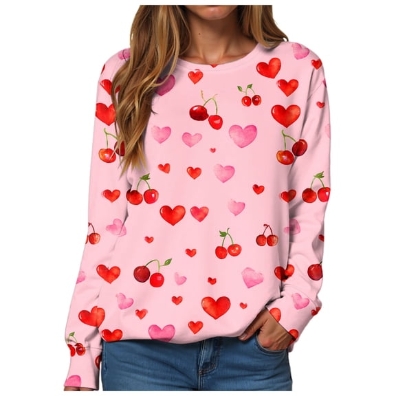 vigerkar Women's Casual Valentine Long Sleeve Round Neck Heart Printed Graphic Pullover Tops (Pink, XXL)