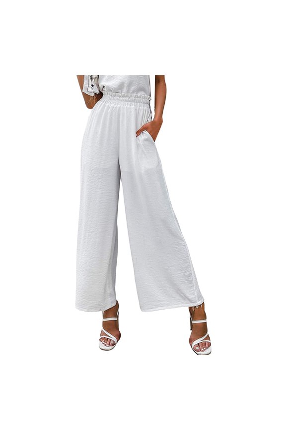 Women's Casual Wide Leg High Down Straight Long Trousers Pants White, L