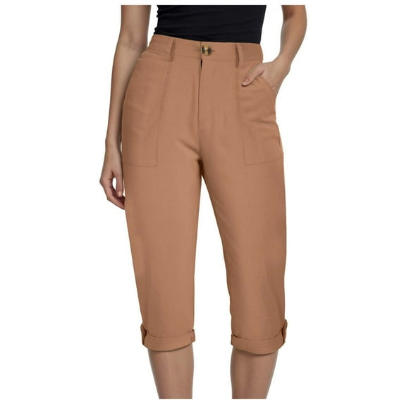 vigerkar Women's Casual Work Capris Pants High Waisted Business Dressy Pants Tapered Leg Trousers with Pockets Coffee, L