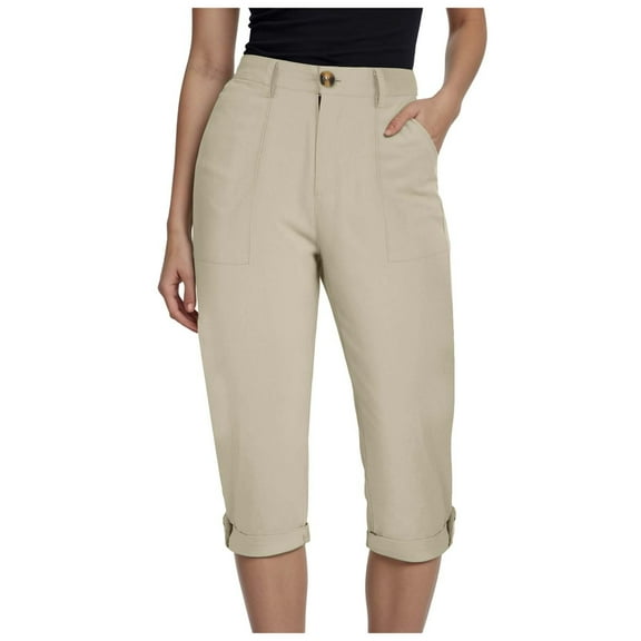 vigerkar Women's Casual Work Capris Pants High Waisted Business Dressy Pants Tapered Leg Trousers with Pockets Khaki, L