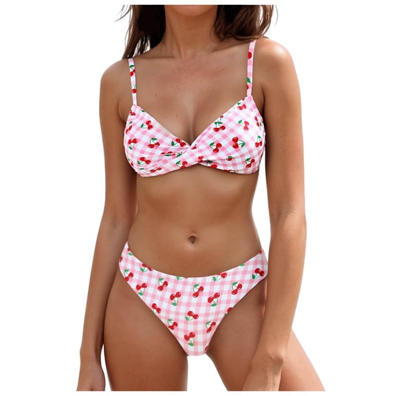 vigerkar Women's Cherry Pattern Print Bikini Sets Low-Rise Panties Quick Dry Bathing Suits (Pink, L)