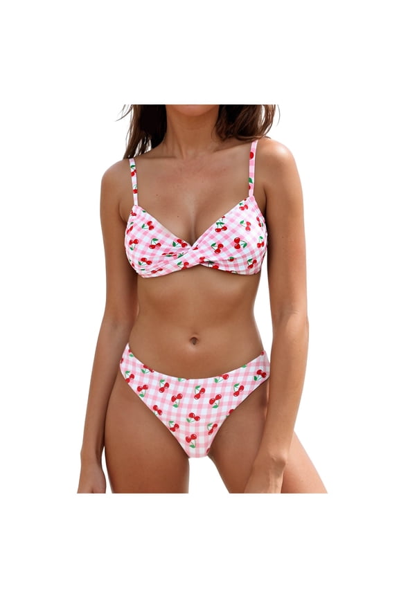 Women's Cherry Pattern Print Bikini Sets Low-Rise Panties Quick Dry Bathing Suits (Pink, S)