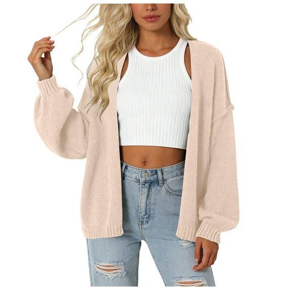 vigerkar Women's Chunky Cardigan Sweaters Fall Open Front Long Sleeve Ribbed Knit Short Cardigans Outerwear Coats (Beige, M)
