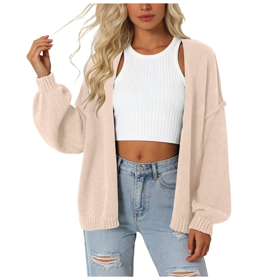 vigerkar Women's Chunky Cardigan Sweaters Fall Open Front Long Sleeve Ribbed Knit Short Cardigans Outerwear Coats (Beige, M)