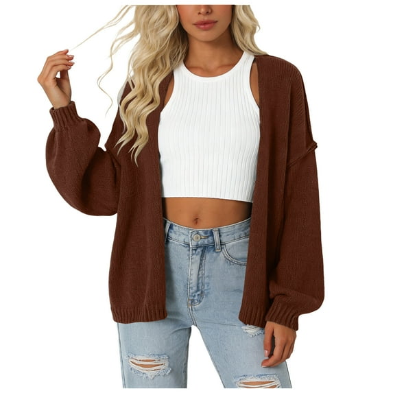 vigerkar Women's Chunky Cardigan Sweaters Fall Open Front Long Sleeve Ribbed Knit Short Cardigans Outerwear Coats (Brown, XL)