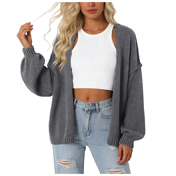 vigerkar Women's Chunky Cardigan Sweaters Fall Open Front Long Sleeve Ribbed Knit Short Cardigans Outerwear Coats (Dark Gray, XL)