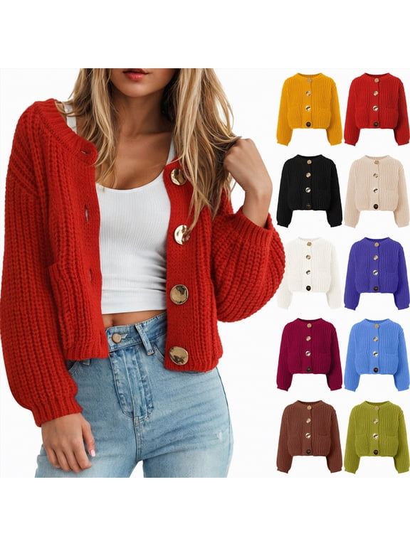 Women's Chunky Knit Open Front Sweater Long Sleeve Button Loose Short Cardigan Outerwear Coats (Wine, M)
