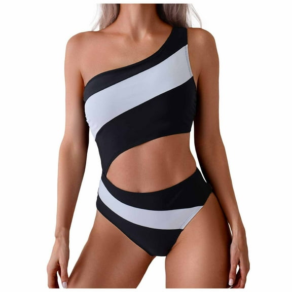vigerkar Women's Color Block One Piece Swimsuits Monokini One Shoulder Cutout High Cut Bathing Suits Beachwear (Black, S)