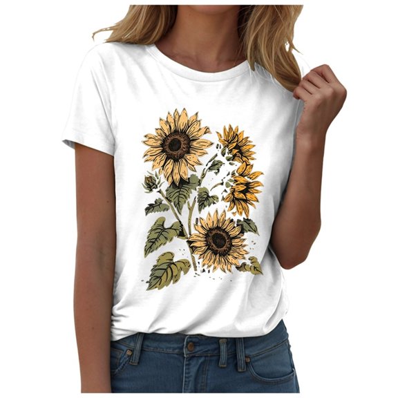vigerkar Women's Comfy Sunflower Graphic T Shirt Summer Top Casual Plus Size Tee White, 3XL