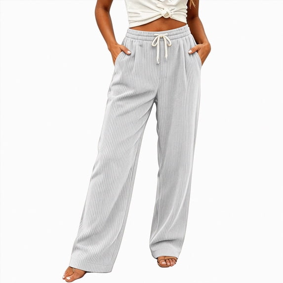 vigerkar Women's Corduroy Straight Leg Pants Wide Leg Fall Trousers, Drawstring Elastic Waist Comfy Loose Casual Pants for Winter (White, 3XL)