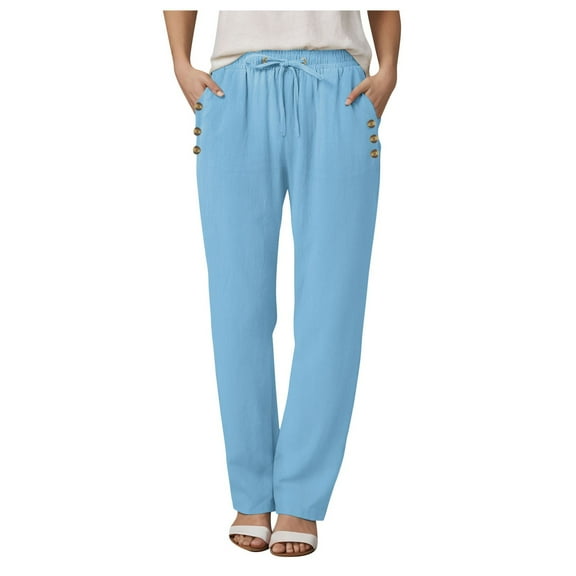 vigerkar Women's Cotton Linen Casual Pants Elastic Waisted Drawstring Pockets with Palazzo Trousers Business Pants BU2, L