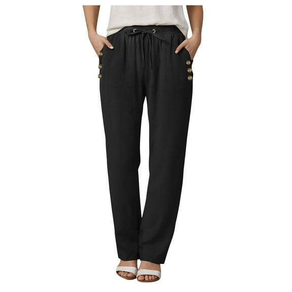 vigerkar Women's Cotton Linen Casual Pants Elastic Waisted Drawstring Pockets with Palazzo Trousers Business Pants Black, XXL