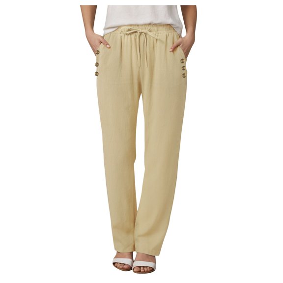 vigerkar Women's Cotton Linen Casual Pants Elastic Waisted Drawstring Pockets with Palazzo Trousers Business Pants Khaki, S