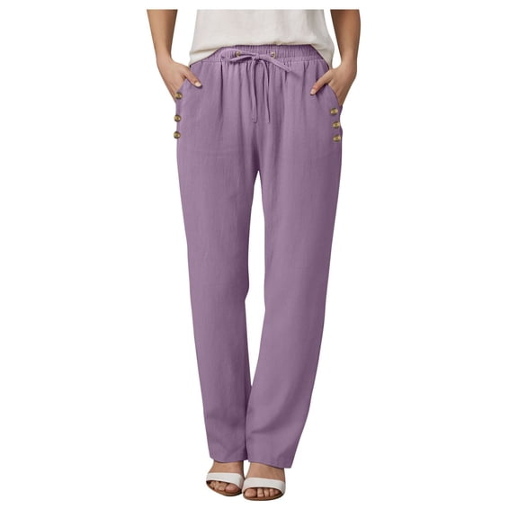 vigerkar Women's Cotton Linen Casual Pants Elastic Waisted Drawstring Pockets with Palazzo Trousers Business Pants Purple, XXL