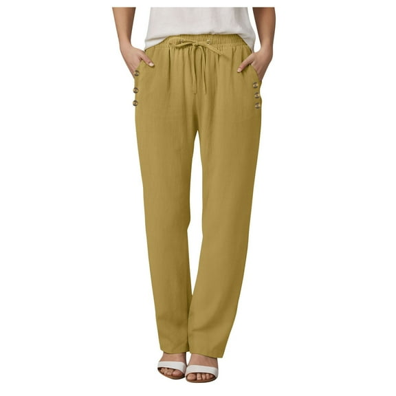 vigerkar Women's Cotton Linen Casual Pants Elastic Waisted Drawstring Pockets with Palazzo Trousers Business Pants Yellow, M