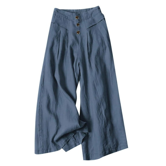 vigerkar Women's Cotton Linen Culottes Pants Elastic Waist Wide Leg Palazzo Trousers Capri Pant Blue, L