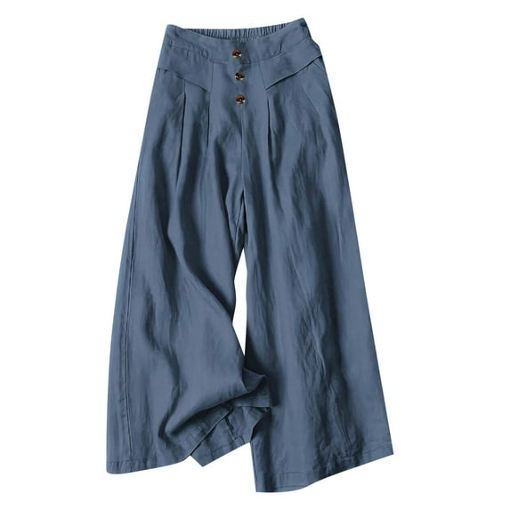 vigerkar Women's Cotton Linen Culottes Pants Elastic Waist Wide Leg Palazzo Trousers Capri Pant Blue, M