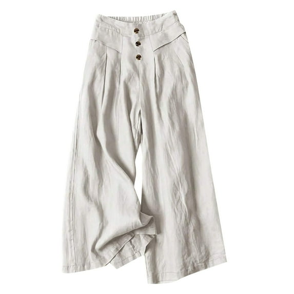 vigerkar Women's Cotton Linen Culottes Pants Elastic Waist Wide Leg Palazzo Trousers Capri Pant White, XL