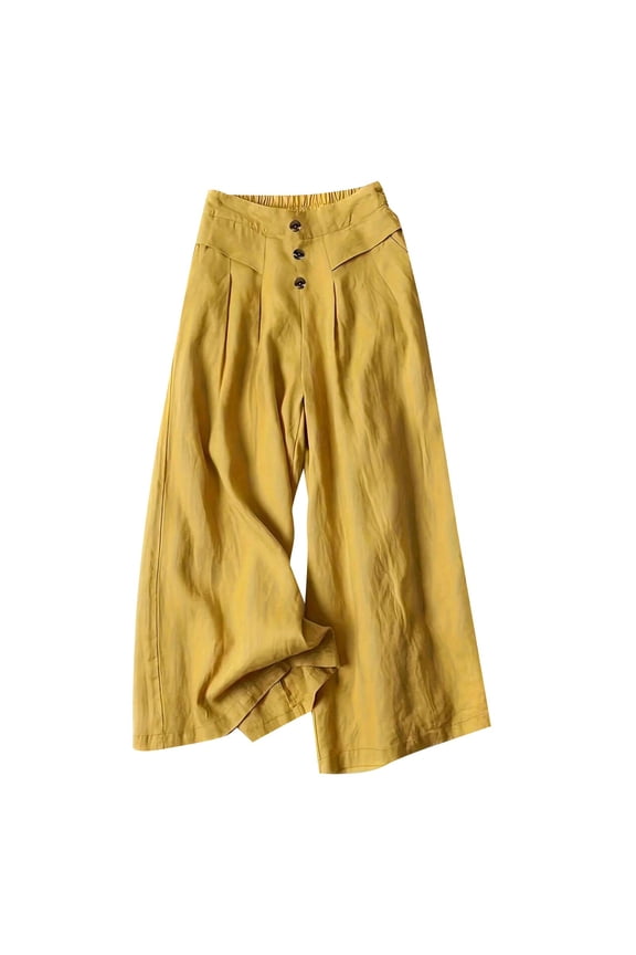 Women's Cotton Linen Culottes Pants Elastic Waist Wide Leg Palazzo Trousers Capri Pant Yellow, L