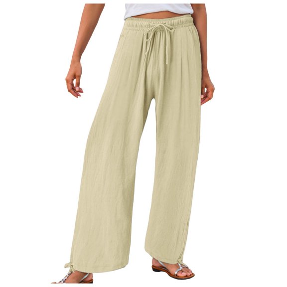 vigerkar Women's Cotton Linen Drawstring Wide Leg Pants High Waisted Casual Loose Trousers Straight Pants with Pockets Beige, S