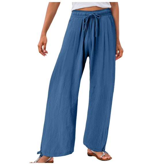 vigerkar Women's Cotton Linen Drawstring Wide Leg Pants High Waisted Casual Loose Trousers Straight Pants with Pockets Blue, XL