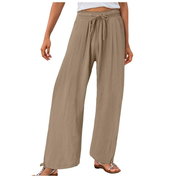 vigerkar Women's Cotton Linen Drawstring Wide Leg Pants High Waisted Casual Loose Trousers Straight Pants with Pockets Khaki, XXL