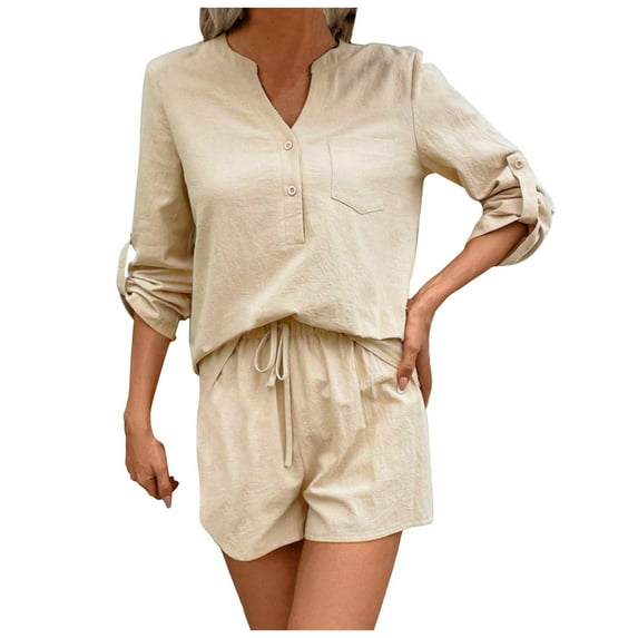 vigerkar Women's Cotton Linen Set Casual Tracksuit Button Up Long Sleeve Shirt Drawstring Shorts Beach 2 Piece Summer Outfits Beige, L