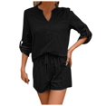 thumbnail image 1 of vigerkar Women's Cotton Linen Set Casual Tracksuit Button Up Long Sleeve Shirt Drawstring Shorts Beach 2 Piece Summer Outfits Black, L, 1 of 7