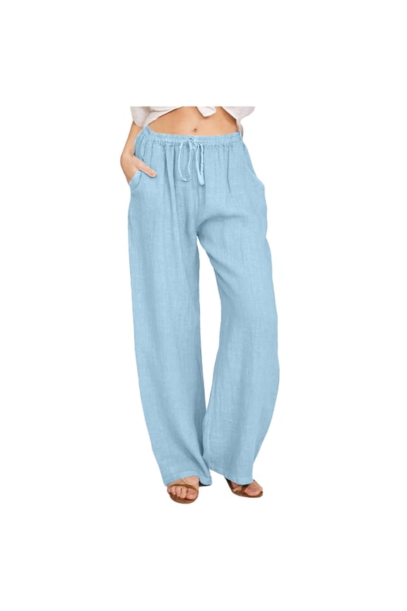 Women's Cotton Pants Summer High Waisted Palazzo Pants Wide Leg Drawstring Elastic Waist Loose Comfy Trousers (Sky Blue, 3XL)