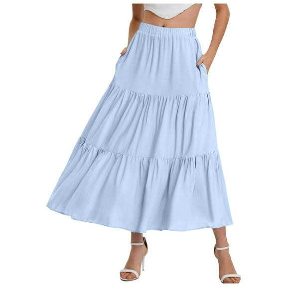 vigerkar Women's Cotton Skirts Tiered A Line Long Skirts Maxi Elastic High Waist Summer Trendy Flowy Boho Drawstring Skirt Light Blue, L