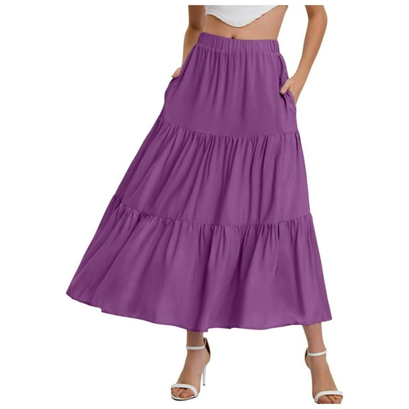 vigerkar Women's Cotton Skirts Tiered A Line Long Skirts Maxi Elastic High Waist Summer Trendy Flowy Boho Drawstring Skirt Purple, L