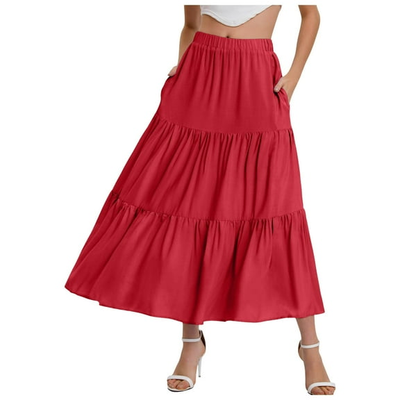 vigerkar Women's Cotton Skirts Tiered A Line Long Skirts Maxi Elastic High Waist Summer Trendy Flowy Boho Drawstring Skirt Red, XL