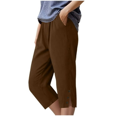 vigerkar Women's Cotton Wide Leg Pants Capri Elastic Waist Drawstring Loose Trendy Capris Trousers with Pockets Brown, XXL