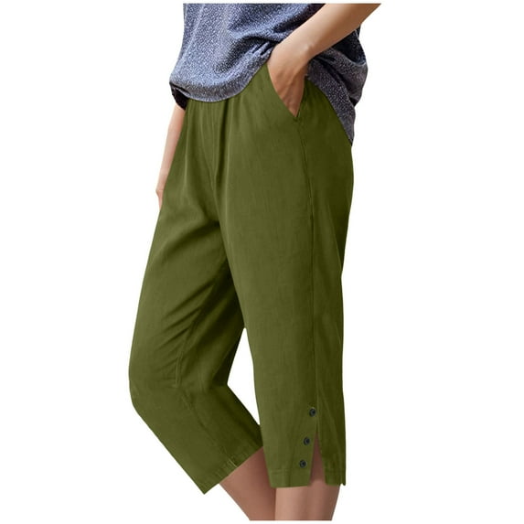 vigerkar Women's Cotton Wide Leg Pants Capri Elastic Waist Drawstring Loose Trendy Capris Trousers with Pockets Green, M