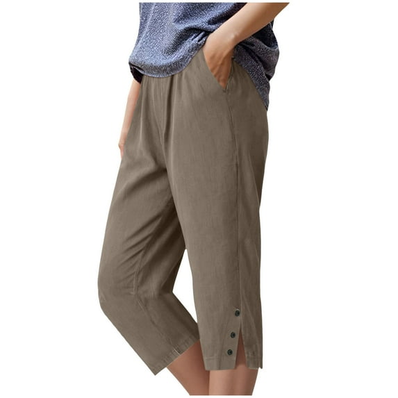vigerkar Women's Cotton Wide Leg Pants Capri Elastic Waist Drawstring Loose Trendy Capris Trousers with Pockets Grey, S