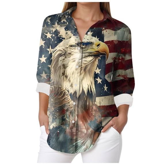 vigerkar Women's Cotton and Linen Independence Day American Flag Floral Print Shirt (Dark Blue, 3XL)