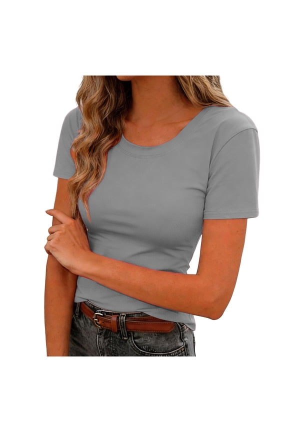 Women's Crew Neck Ribbed Fitted Shirt Basic Short Sleeves Summer T Shirt Tops (Grey, S)