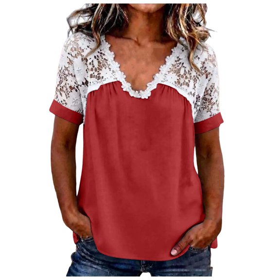 vigerkar Women's Crochet Lace Basic V-Neck T-Shirts Short Sleeve Loose Fitting Tunic Tops (Red, M)