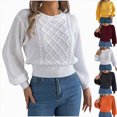 thumbnail image 1 of vigerkar Women's Cropped Crewneck Sweater Lantern Sleeve Ribbed Knit Pullover Sweater Jumper Top (Yellow, M), 1 of 8