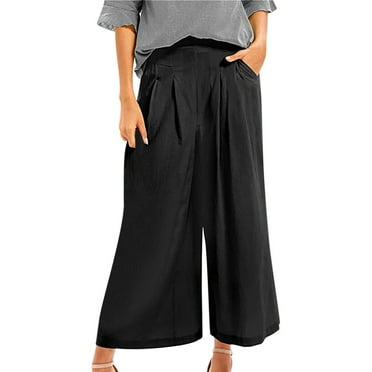 vigerkar Women's Culottes Linen Blend Wide Leg Pants Elastic Waist Casual Palazzo Trousers with Pockets Capris Black, L