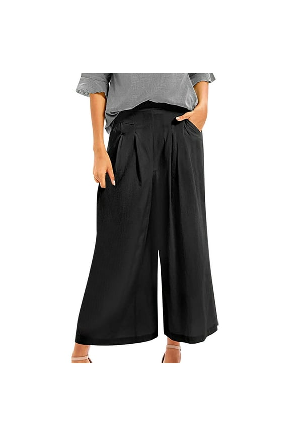 Women's Culottes Linen Blend Wide Leg Pants Elastic Waist Casual Palazzo Trousers with Pockets Capris Black, L