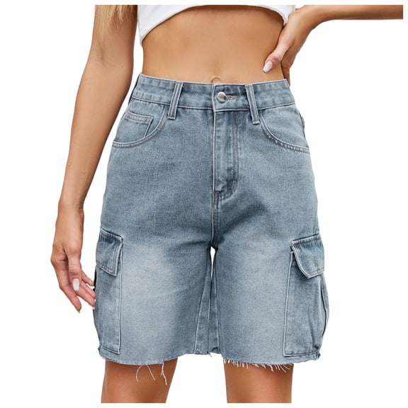 vigerkar Women's Denim Cargo Shorts High Waisted Straight Leg Casual Jean Bermuda Shorts with Pockets (Blue, XXL)