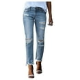 thumbnail image 1 of vigerkar Women's Distressed Destructed Washed Denim Mid High Rise Relaxed Boyfriend Jeans 2025 Blue, XXL, 1 of 8