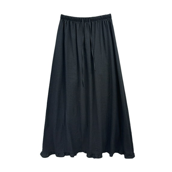 vigerkar Women's Drawstring High Waist Flowy Skirts Flared Maxi Skirt Black, One Size