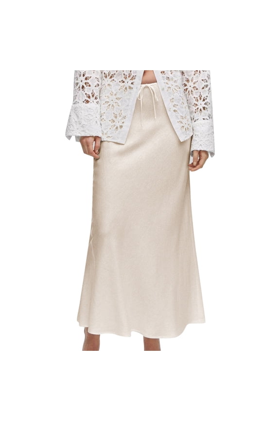 Women's Drawstring Satin Maxi Skirt High Waist Silk A Line Flowy Long Skirts Beige, L