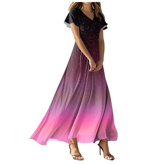 vigerkar Women's Dresses 2025 V Neck Short Sleeves Swing Elegant Long Maxi Dress Hot Pink, XL