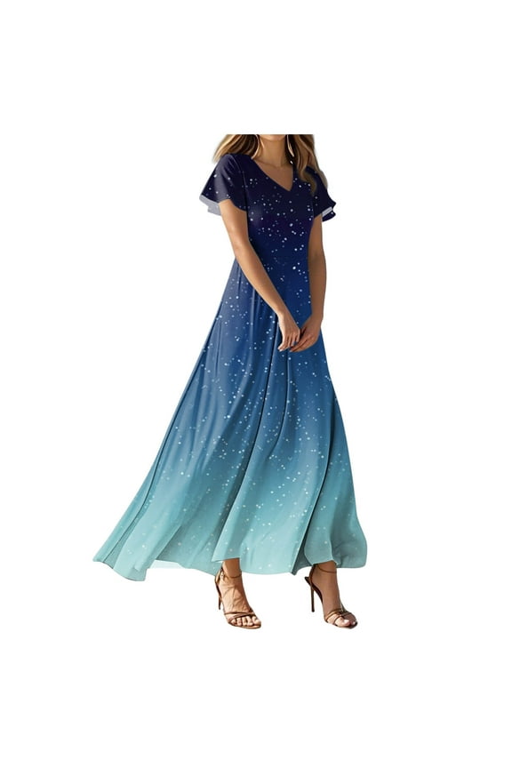 Women's Dresses 2025 V Neck Short Sleeves Swing Elegant Long Maxi Dress Navy, M